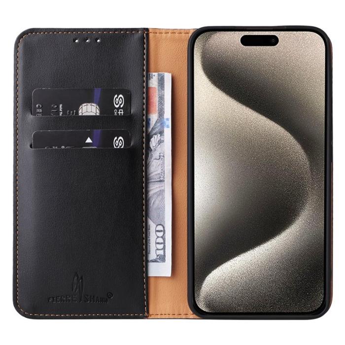 FIERRE SHANN - FIERRE SHANN för iPhone 15 Fodral Ställ Wallet Konstläder - Svart