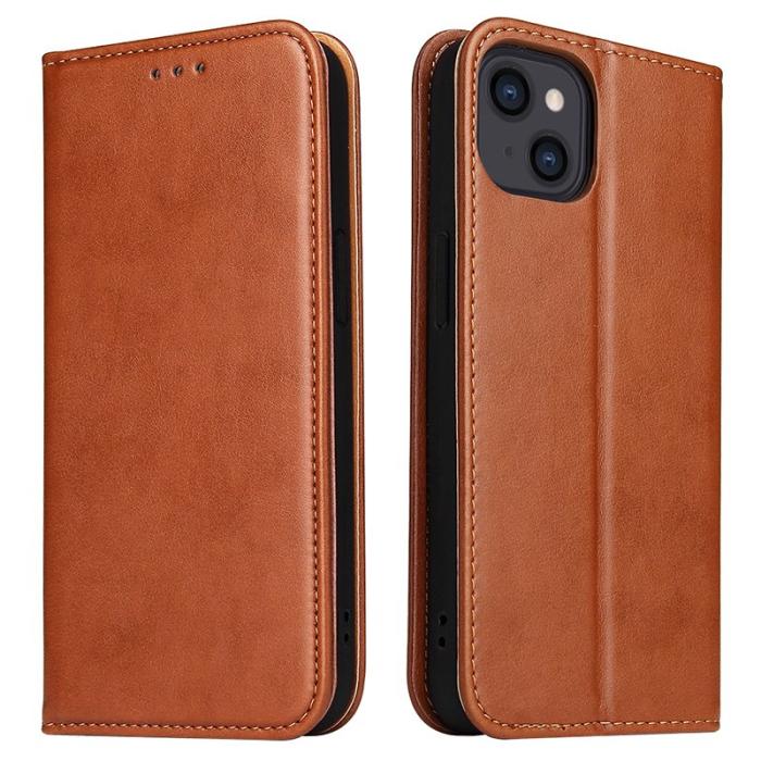 FIERRE SHANN - FIERRE SHANN för iPhone 15 Fodral Ställ Wallet PU Läder - Brun