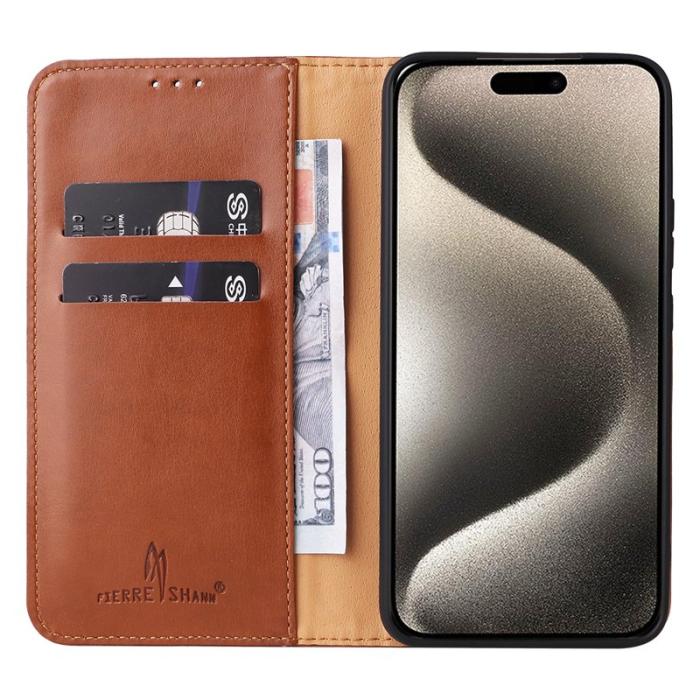 FIERRE SHANN - FIERRE SHANN för iPhone 15 Fodral Ställ Wallet PU Läder - Brun