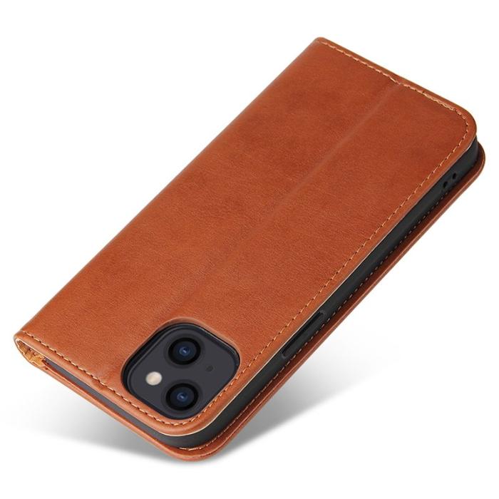 FIERRE SHANN - FIERRE SHANN för iPhone 15 Fodral Ställ Wallet PU Läder - Brun