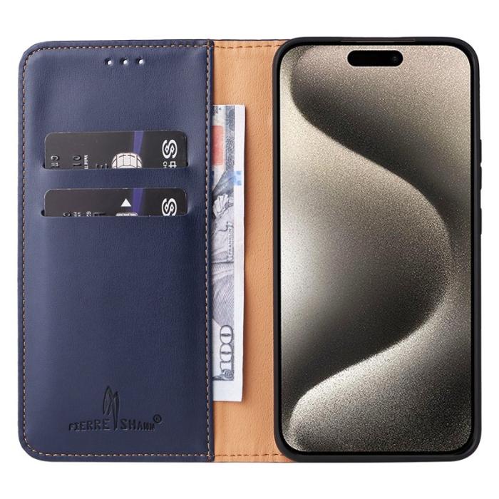 FIERRE SHANN - FIERRE SHANN för iPhone 15 Fodral Stand Wallet PU Läder - Blå