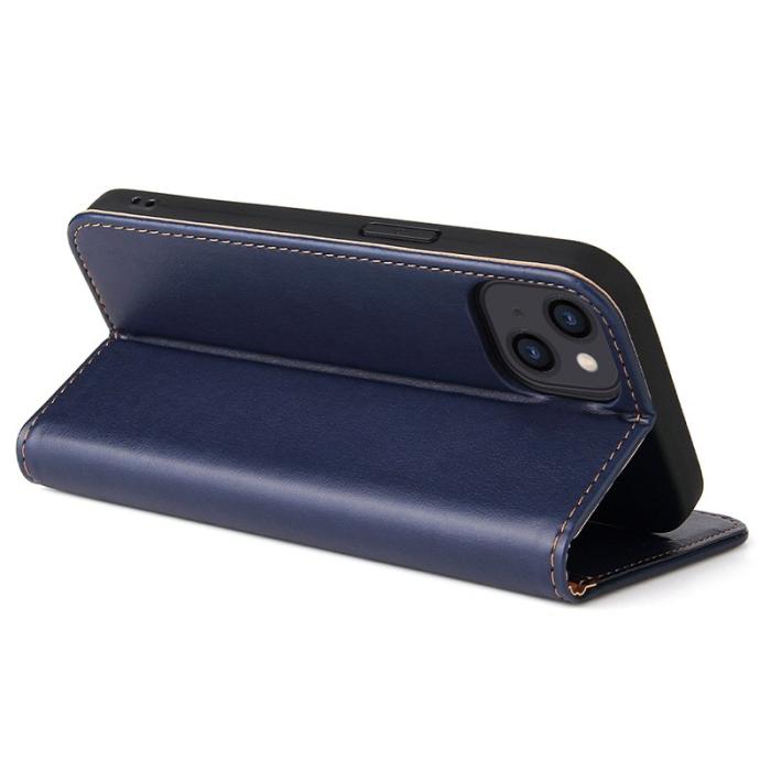 FIERRE SHANN - FIERRE SHANN för iPhone 15 Fodral Stand Wallet PU Läder - Blå