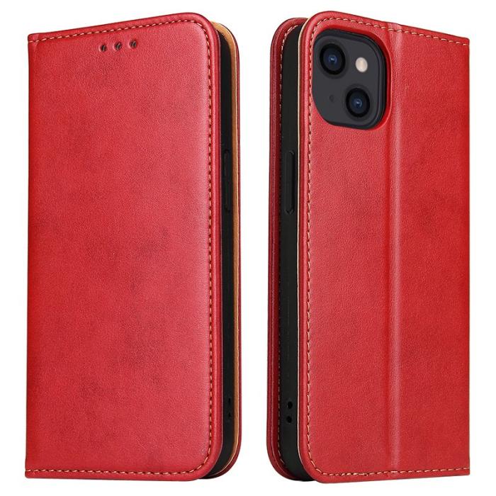 FIERRE SHANN - FIERRE SHANN för iPhone 15 Fodral Stand Wallet PU Läder - Röd