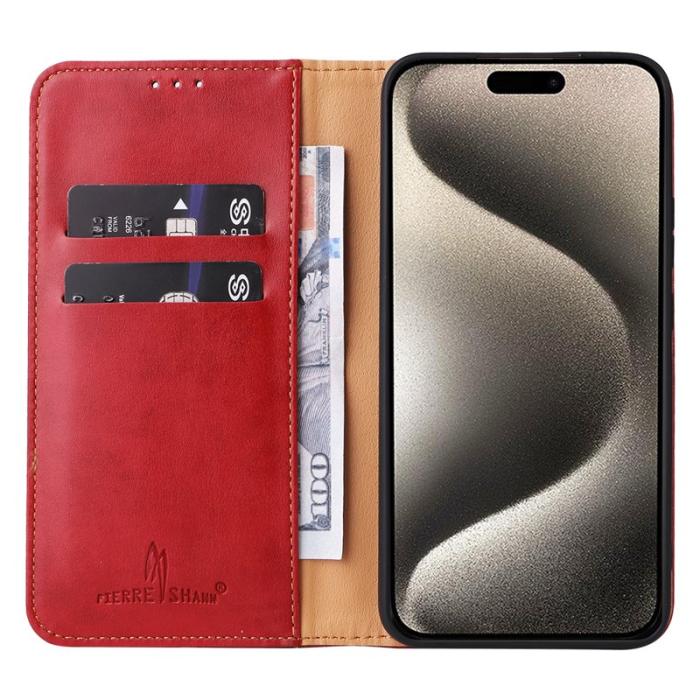 FIERRE SHANN - FIERRE SHANN för iPhone 15 Fodral Stand Wallet PU Läder - Röd