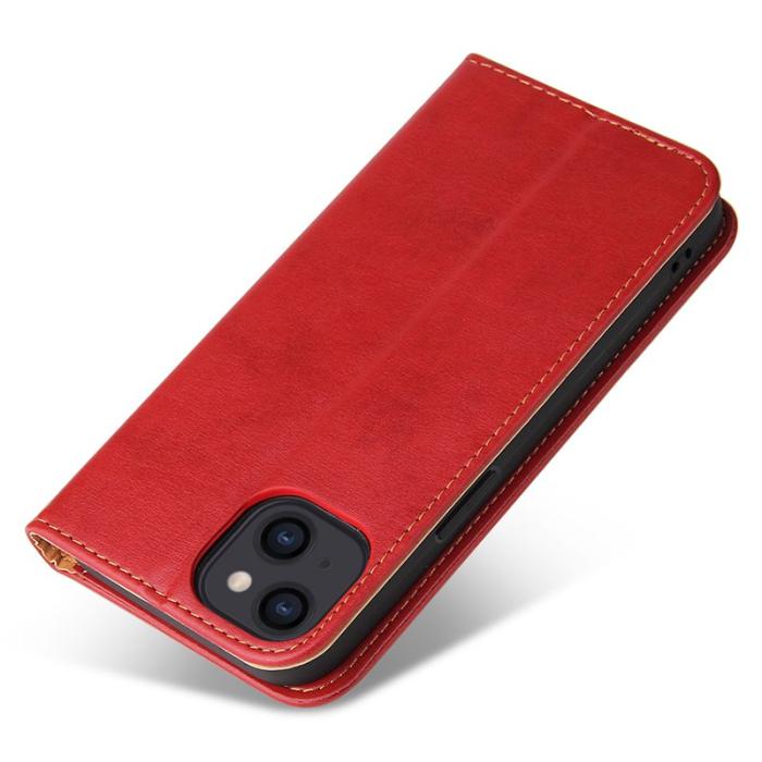 FIERRE SHANN - FIERRE SHANN för iPhone 15 Fodral Stand Wallet PU Läder - Röd