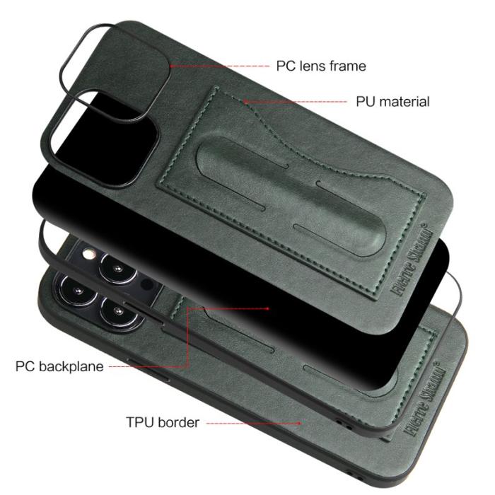 FIERRE SHANN - FIERRE SHANN för iPhone 15 Pro Kickstand Fodral PU Läder - Grön