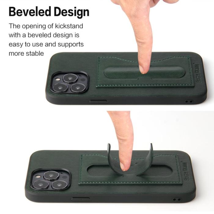 FIERRE SHANN - FIERRE SHANN för iPhone 15 Pro Kickstand Fodral PU Läder - Grön