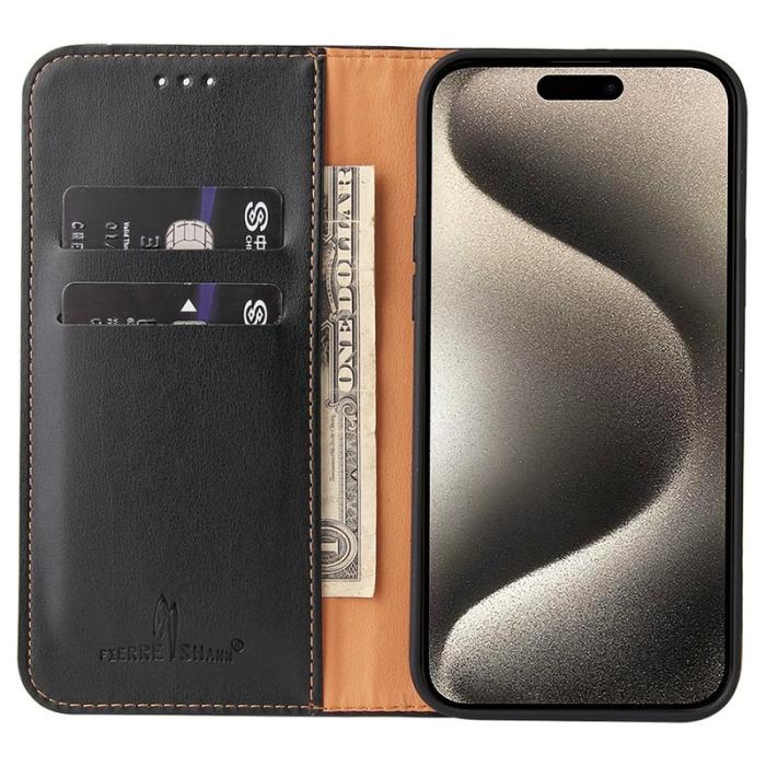 FIERRE SHANN - FIERRE SHANN för iPhone 15 Pro Max Fodral - Texturerat PU Läder - Svart