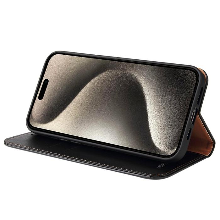 FIERRE SHANN - FIERRE SHANN för iPhone 15 Pro Max Fodral - Texturerat PU Läder - Svart