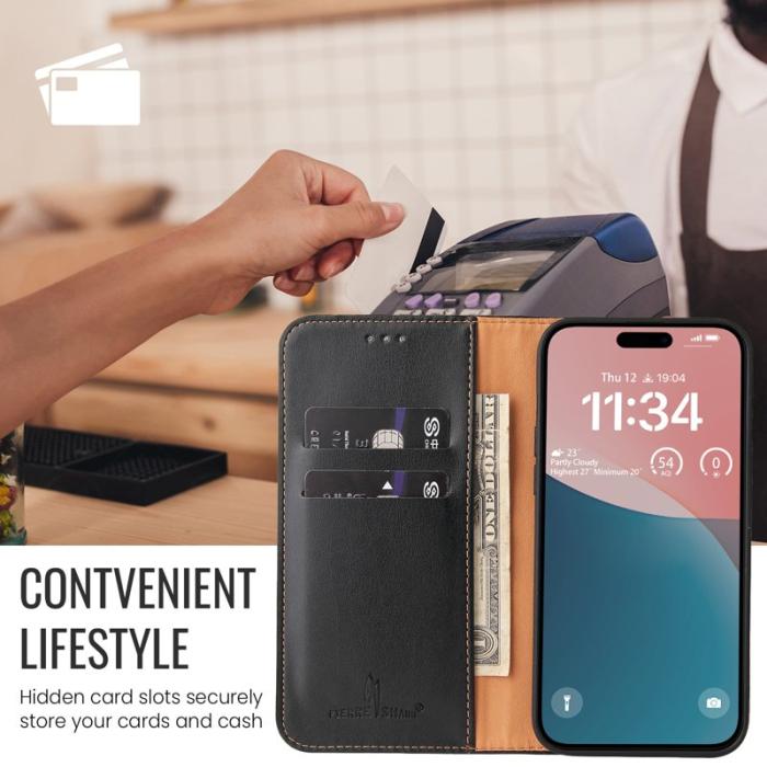 FIERRE SHANN - FIERRE SHANN för iPhone 16 Fodral PU Läder - Svart