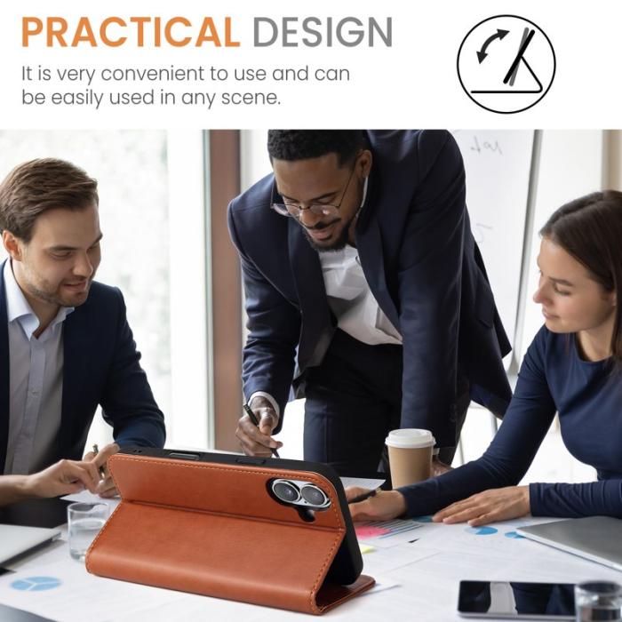 FIERRE SHANN - FIERRE SHANN för iPhone 16 Plus Fodral PU Läder - Brun