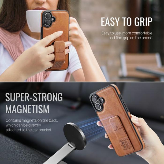 FIERRE SHANN - FIERRE SHANN för iPhone 17 Fodral Kickstand Äkta läder - Brun