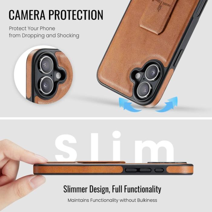 FIERRE SHANN - FIERRE SHANN för iPhone 17 Fodral Kickstand Äkta läder - Brun