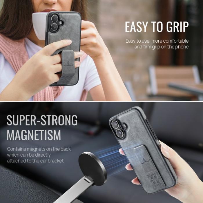 FIERRE SHANN - FIERRE SHANN för iPhone 17 Fodral Kickstand Äkta läder - Grå