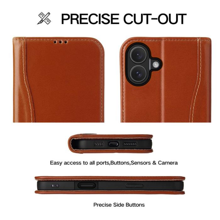 FIERRE SHANN - FIERRE SHANN för iPhone 17 Fodral Wallet Äkta läder - Brun