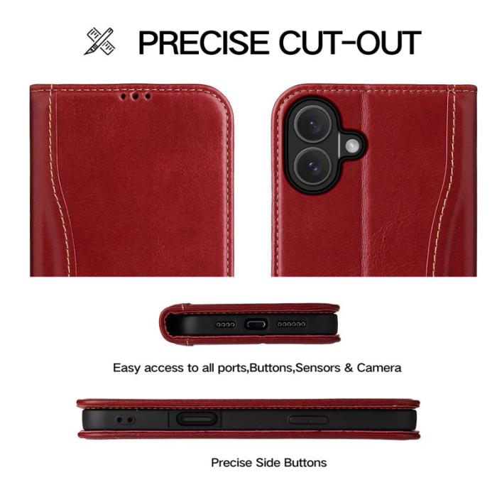 FIERRE SHANN - FIERRE SHANN för iPhone 17 Fodral Wallet Äkta läder - Röd