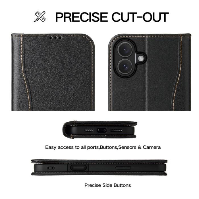 FIERRE SHANN - FIERRE SHANN för iPhone 17 Fodral Wallet Äkta läder - Svart