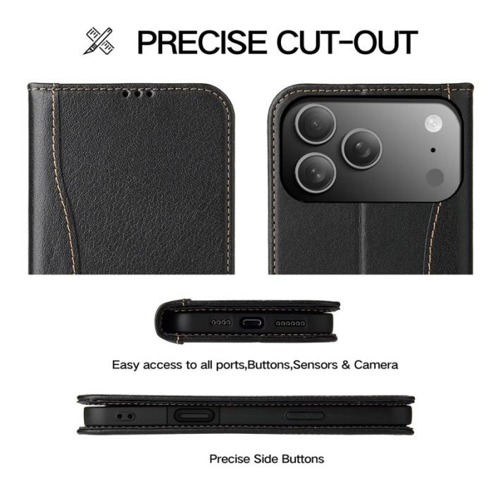 FIERRE SHANN - FIERRE SHANN för iPhone 17 Pro Plånboksfodral Äkta läder - Svart