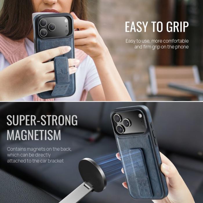 FIERRE SHANN - FIERRE SHANN för iPhone 17 Pro Fodral Kickstand Äkta läder - Blå