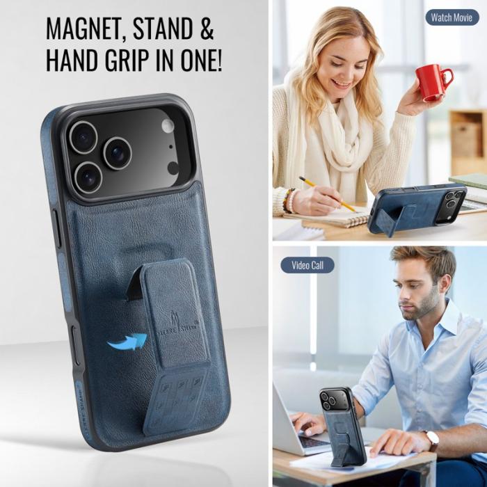 FIERRE SHANN - FIERRE SHANN för iPhone 17 Pro Fodral Kickstand Äkta läder - Blå