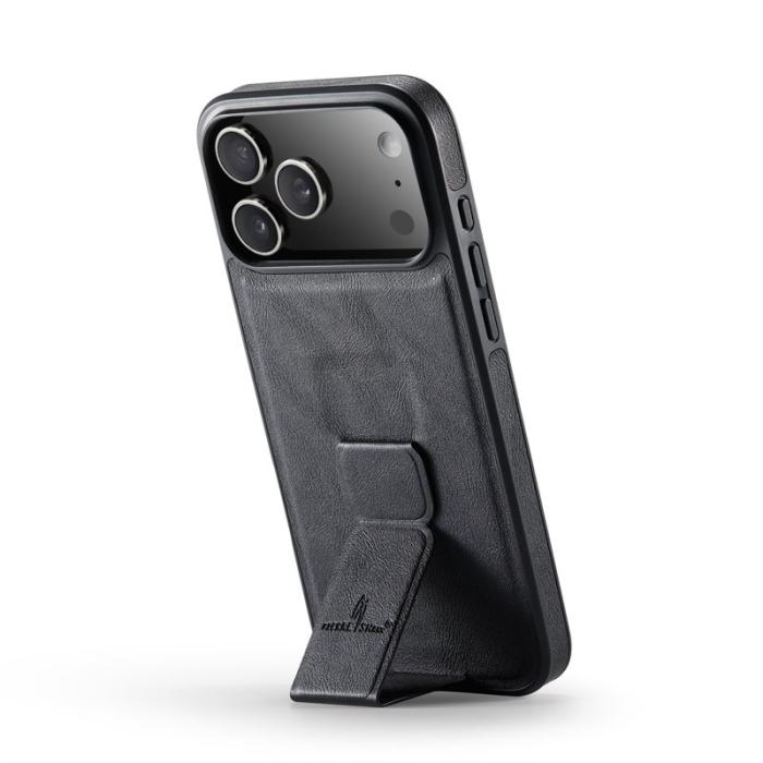 FIERRE SHANN - FIERRE SHANN för iPhone 17 Pro Fodral Kickstand Äkta läder - Svart