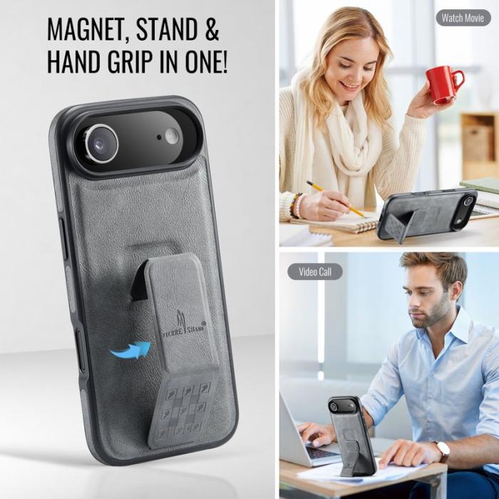 FIERRE SHANN - FIERRE SHANN för iPhone Air Fodral Kickstand Äkta läder - Grå