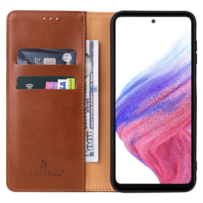 FIERRE SHANN - FIERRE SHANN för Samsung Galaxy A14 5G Fodral PU Läder - Brun