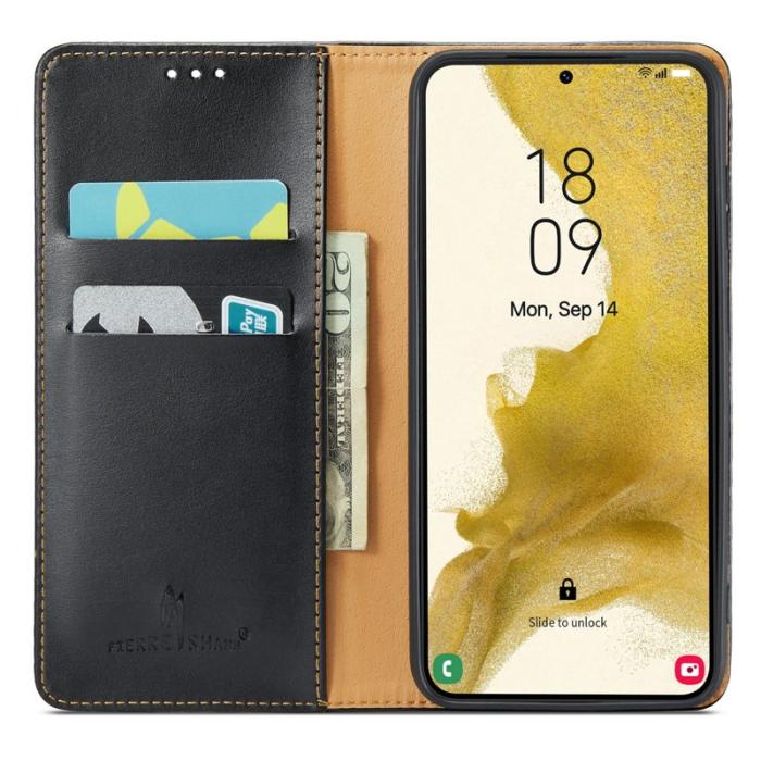 FIERRE SHANN - FIERRE SHANN för Samsung Galaxy S23 Fodral Wallet Äkta läder - Svart