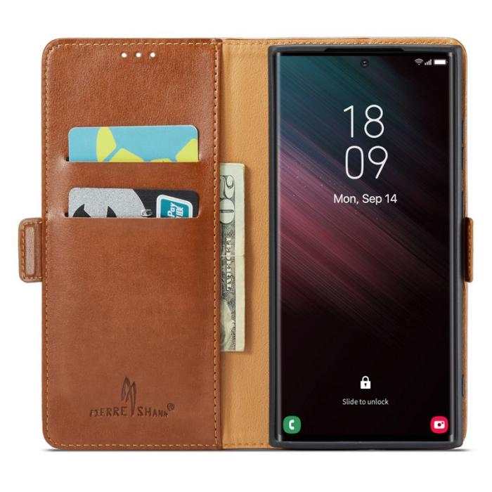 FIERRE SHANN - FIERRE SHANN för Samsung Galaxy S23 Ultra Fodral PU Läder - Brun