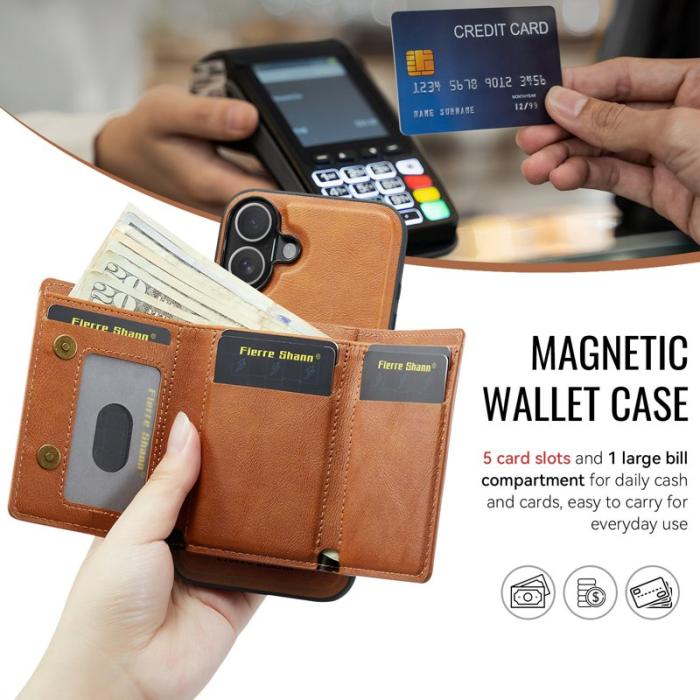 FIERRE SHANN - FIERRE SHANN FS030 iPhone 17 Fodral Tri-Fold Äkta läder - Brun