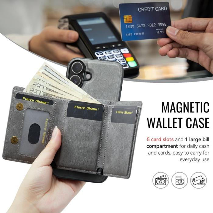 FIERRE SHANN - FIERRE SHANN FS030 iPhone 17 Fodral Tri-Fold Läder - Grå