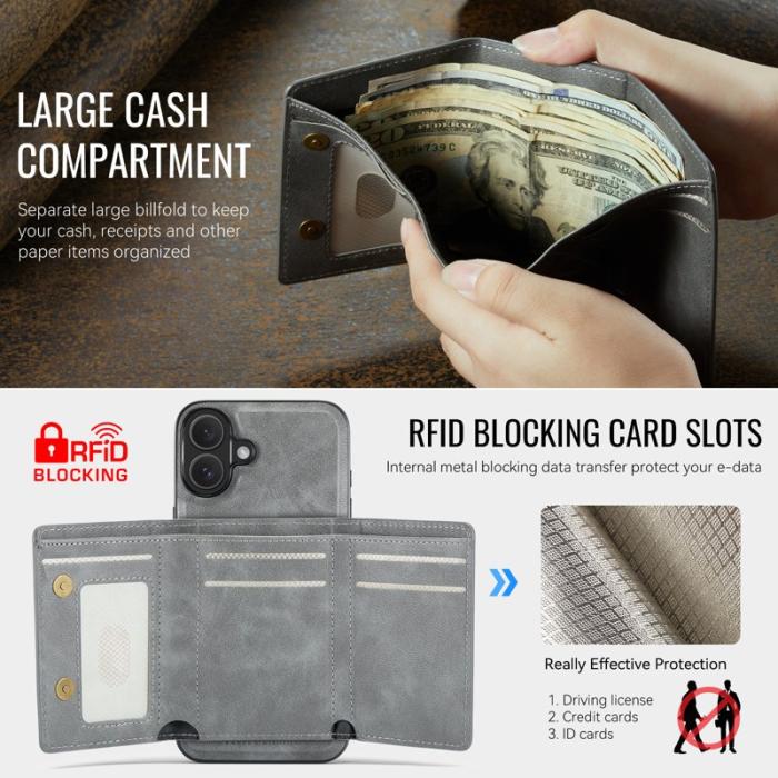 FIERRE SHANN - FIERRE SHANN FS030 iPhone 17 Fodral Tri-Fold Läder - Grå