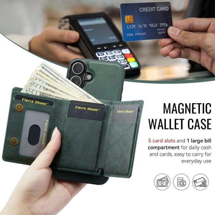 FIERRE SHANN - FIERRE SHANN FS030 iPhone 17 Fodral Tri-Fold Läder - Grön