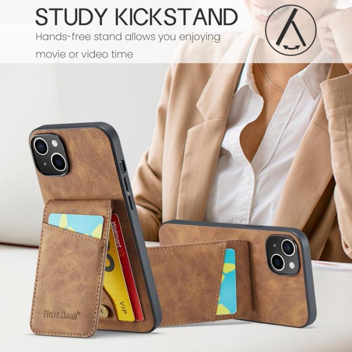 FIERRE SHANN - FIERRE SHANN iPhone 14 Fodral Kickstand RFID Blocking PU Läder - Brun