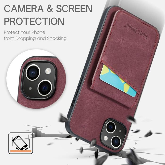 FIERRE SHANN - FIERRE SHANN iPhone 14 Fodral Kickstand RFID Blocking PU Läder - Röd