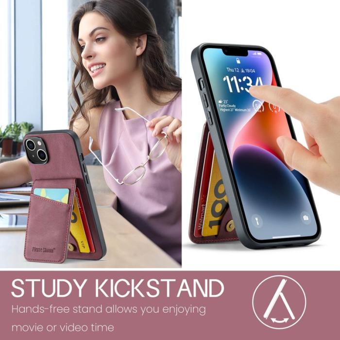 FIERRE SHANN - FIERRE SHANN iPhone 14 Fodral Kickstand RFID Blocking PU Läder - Röd