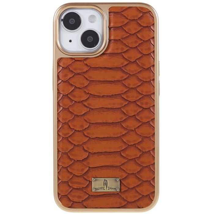 FIERRE SHANN - FIERRE SHANN iPhone 14 Fodral Python Textur PU Läder - Brun