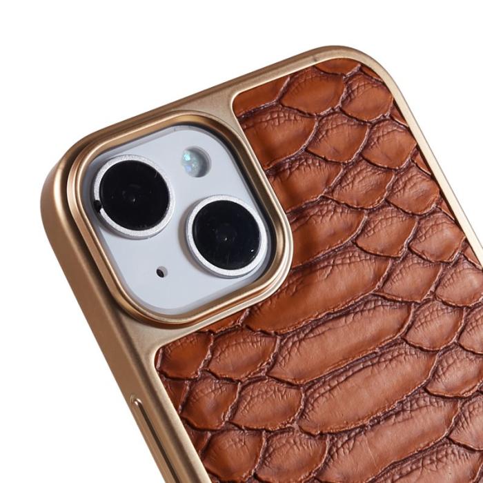 FIERRE SHANN - FIERRE SHANN iPhone 14 Fodral Python Textur PU Läder - Brun