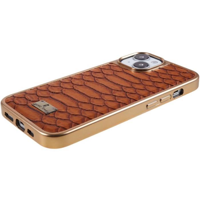 FIERRE SHANN - FIERRE SHANN iPhone 14 Fodral Python Textur PU Läder - Brun