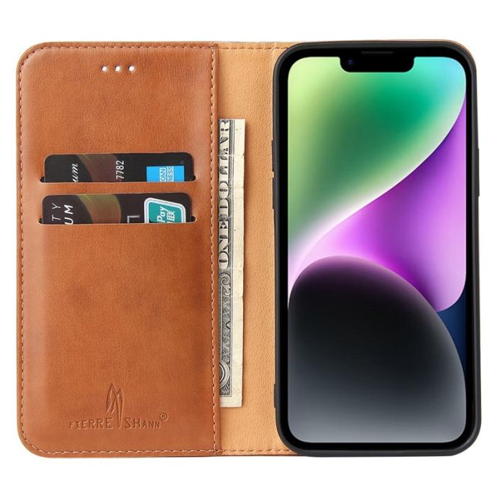 FIERRE SHANN - FIERRE SHANN iPhone 14 Plus Fodral PU Läder - Brun