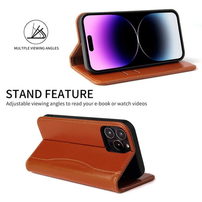 FIERRE SHANN - FIERRE SHANN iPhone 14 Pro Max Fodral Äkta läder - Brun