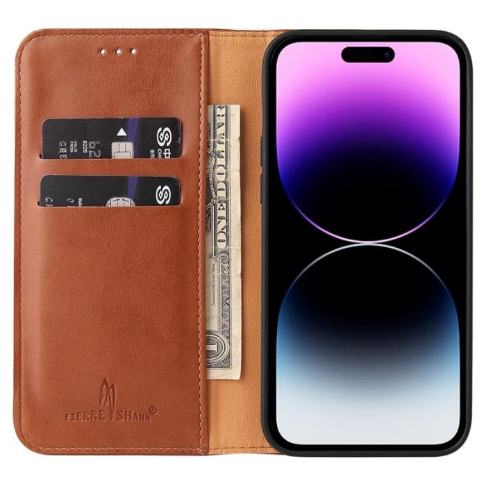 FIERRE SHANN - FIERRE SHANN iPhone 14 Pro Max Fodral PU Läder - Brun