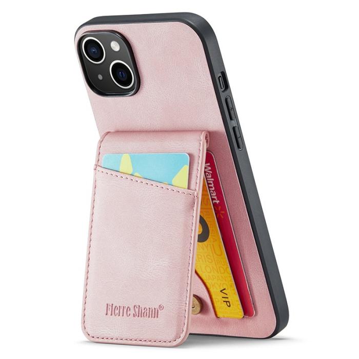 FIERRE SHANN - FIERRE SHANN iPhone 15 Fodral Card Holder PU Läder - Blå - Rosa