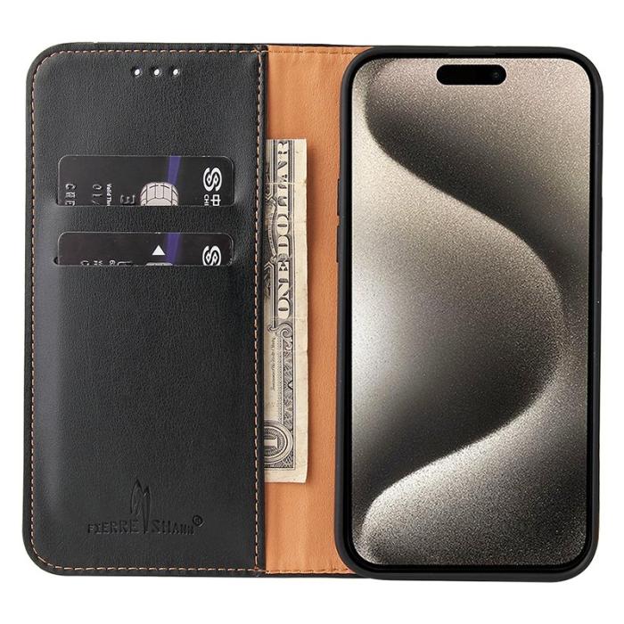 FIERRE SHANN - FIERRE SHANN iPhone 15 Pro Fodral - Magnetisk PU Läder - Svart