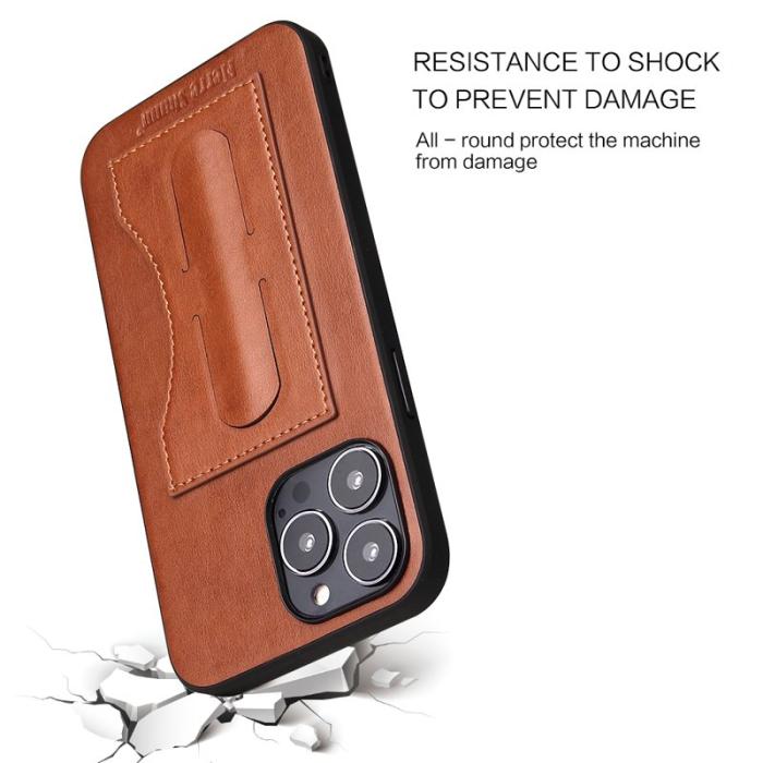 FIERRE SHANN - FIERRE SHANN iPhone 15 Pro Kickstand Fodral PU Läder - Brun