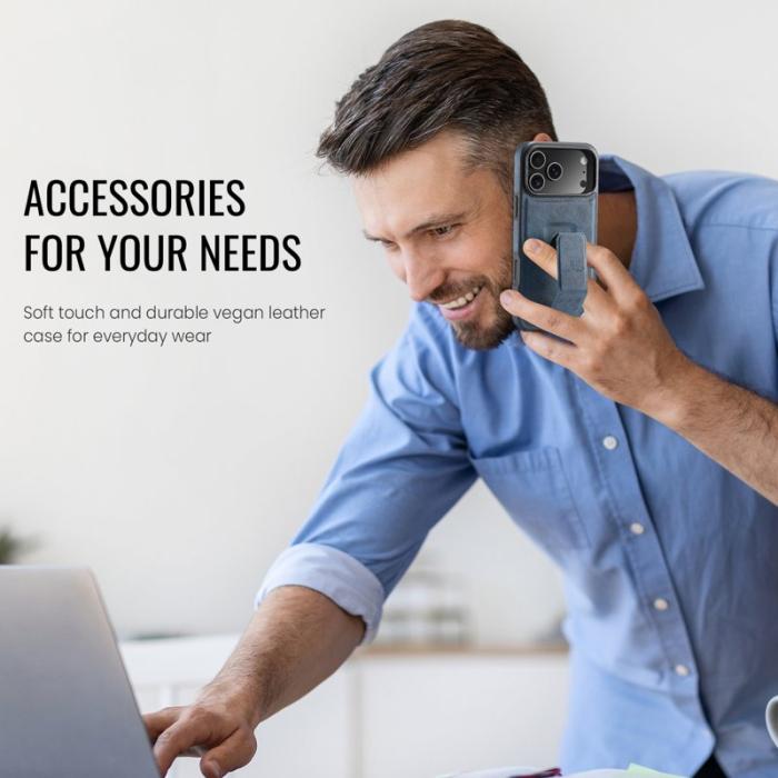 FIERRE SHANN - FIERRE SHANN iPhone 17 Pro Fodral Kickstand Äkta läder - Blå