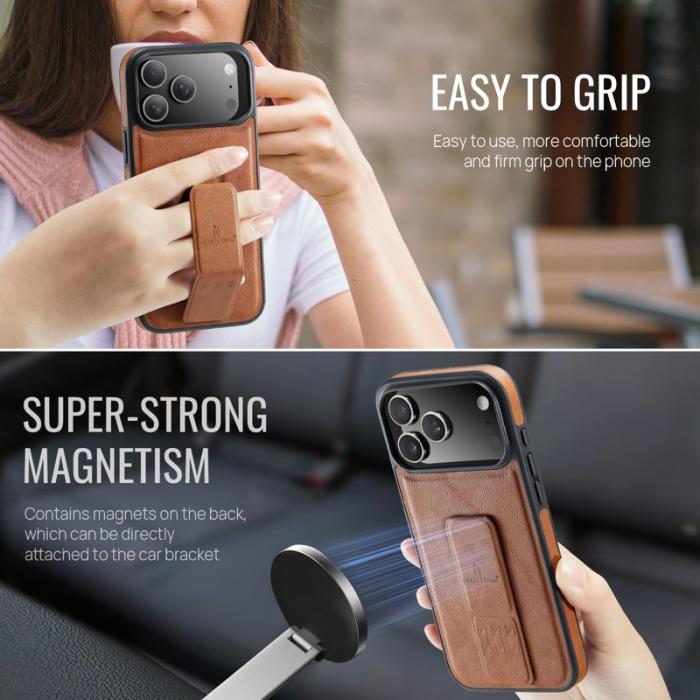 FIERRE SHANN - FIERRE SHANN iPhone 17 Pro Fodral Kickstand Äkta läder - Brun