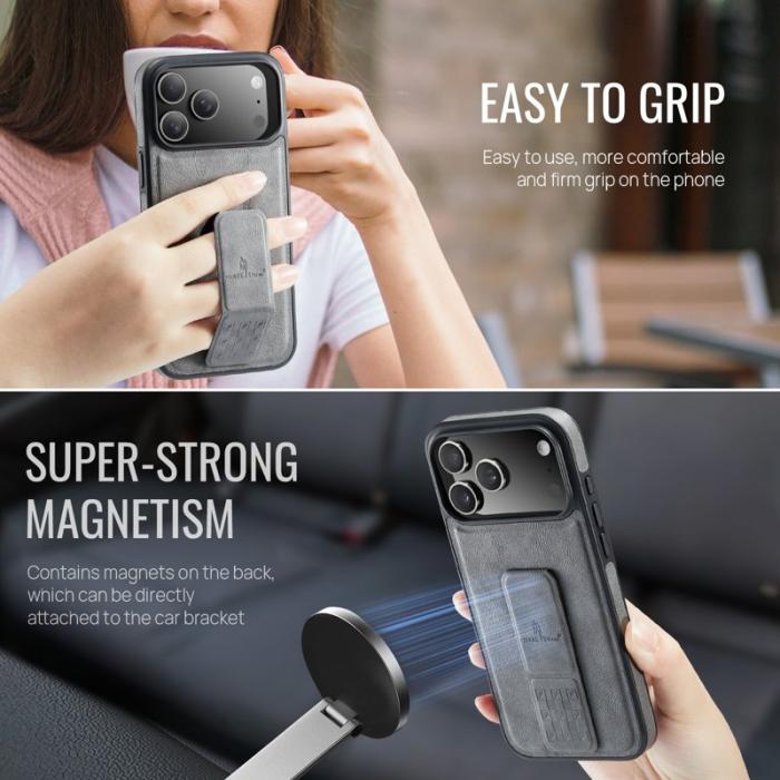 FIERRE SHANN - FIERRE SHANN iPhone 17 Pro Fodral Kickstand Äkta läder - Grå