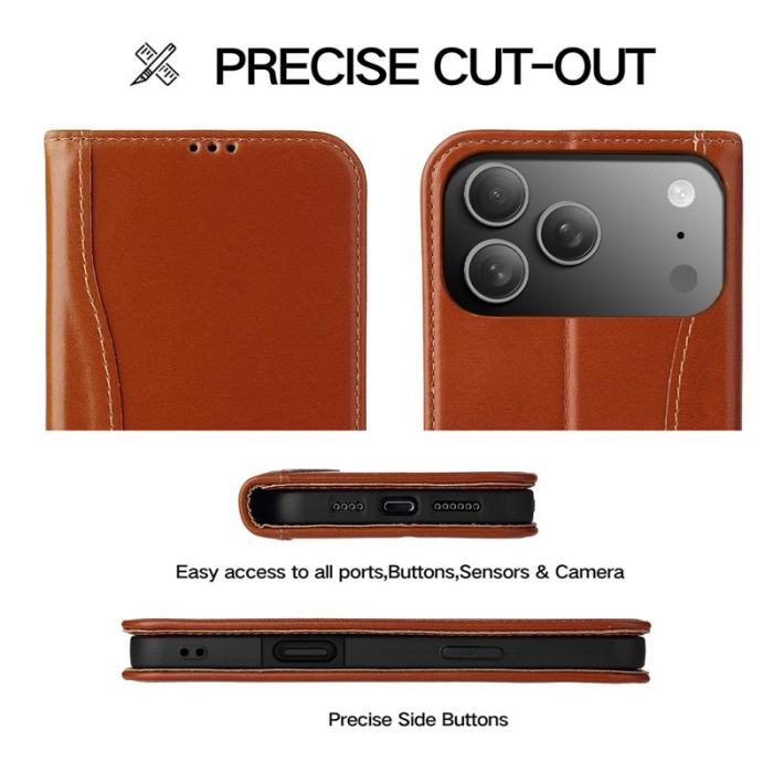 FIERRE SHANN - FIERRE SHANN iPhone 17 Pro Fodral Wallet Äkta läder - Brun