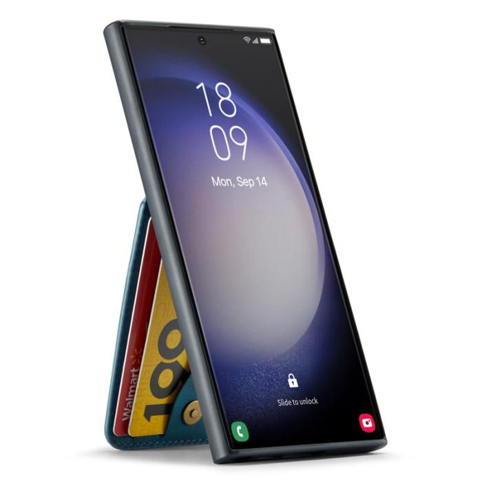 FIERRE SHANN - FIERRE SHANN Kickstand Fodral Samsung Galaxy S22 Ultra 5G - Läder - Blå